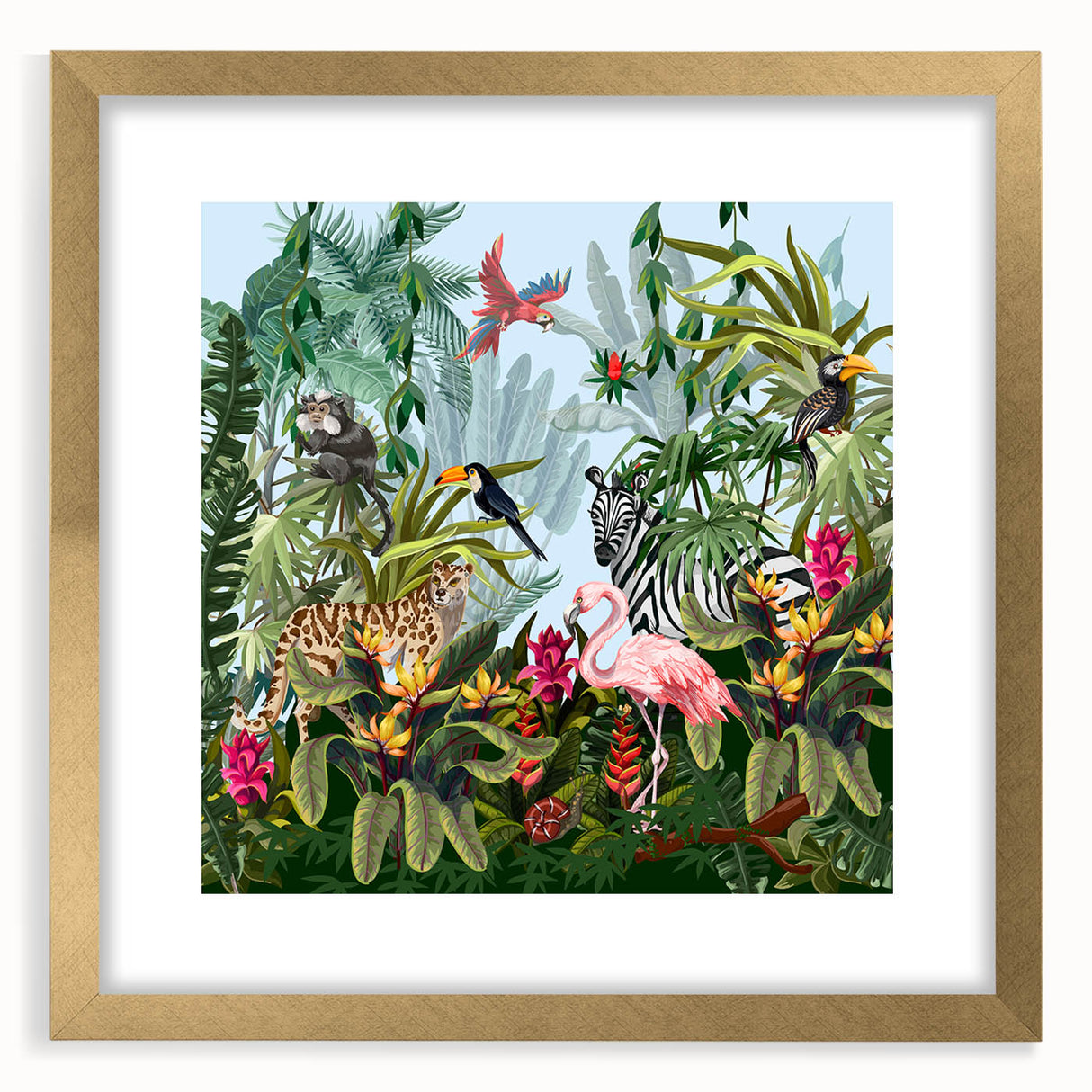 Framed rainforest landscape wall art collection featuring vibrant green foliage and gold accents, perfect for adding a touch of nature to home decor.