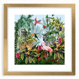 Framed rainforest landscape wall art collection featuring vibrant green foliage and gold accents, perfect for adding a touch of nature to home decor.