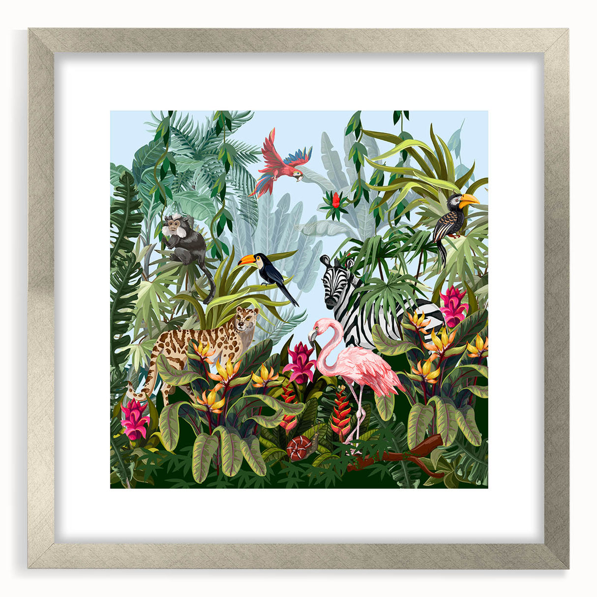 Framed rainforest landscape wall art showcasing vibrant green foliage and tranquil scenery, featuring a silver mat and frame, perfect for nature-inspired decor.