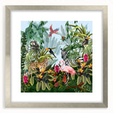 Framed rainforest landscape wall art showcasing vibrant green foliage and tranquil scenery, featuring a silver mat and frame, perfect for nature-inspired decor.