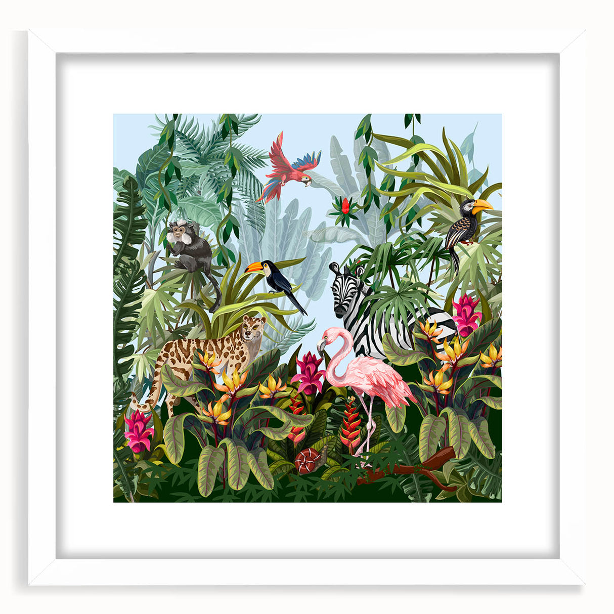 Framed wall art showcasing a vibrant rainforest landscape design, featuring lush greenery and vivid details, set in a sleek white frame with a mat. Perfect for nature lovers and eco-themed decor.