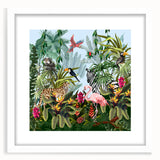 Framed wall art showcasing a vibrant rainforest landscape design, featuring lush greenery and vivid details, set in a sleek white frame with a mat. Perfect for nature lovers and eco-themed decor.
