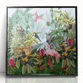 Framed acrylic wall art showcasing a vibrant rainforest landscape design with lush greenery and vivid colors, presented in a sleek black frame, ideal for nature-inspired decor.