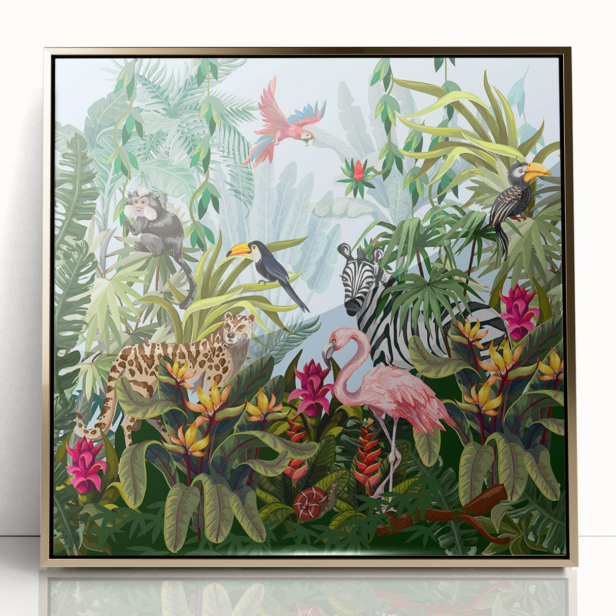 Framed acrylic wall art featuring a vibrant rainforest landscape design with gold accents, showcasing lush green foliage and exotic flora, ideal for nature-inspired decor.