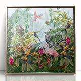 Framed acrylic wall art featuring a vibrant rainforest landscape design with gold accents, showcasing lush green foliage and exotic flora, ideal for nature-inspired decor.