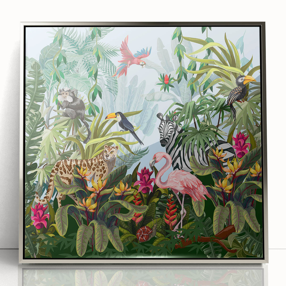 Framed acrylic wall art featuring a vibrant rainforest landscape design, showcasing lush greenery and rich colors, perfect for enhancing any modern decor.