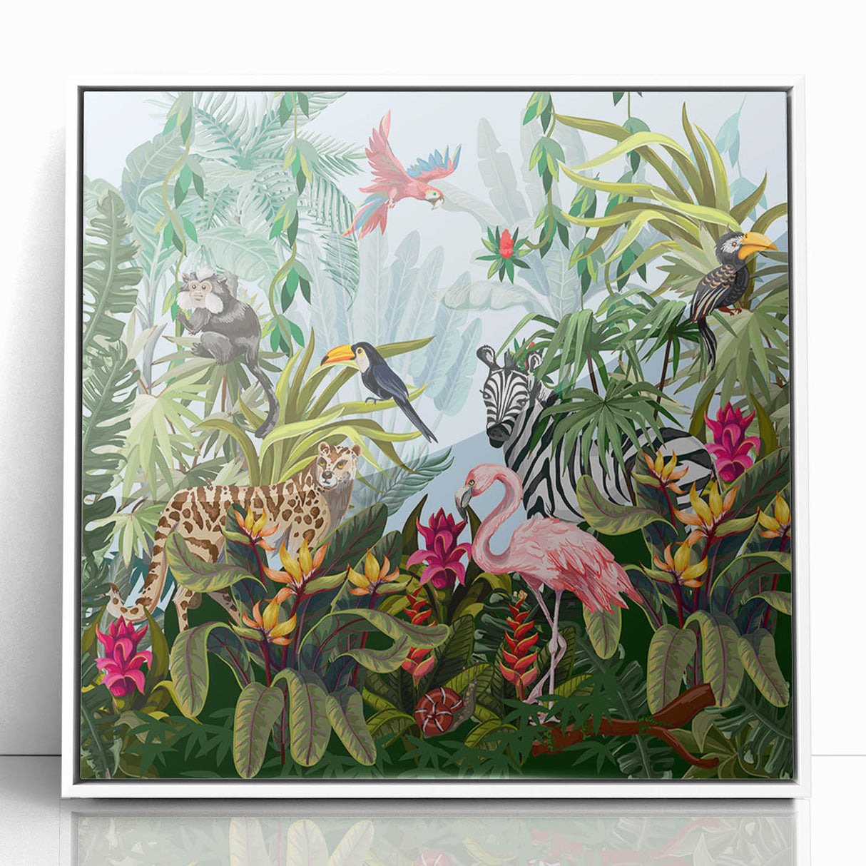 Framed acrylic wall art showcasing a vibrant rainforest landscape with lush green foliage and a serene atmosphere, perfect for home decor.