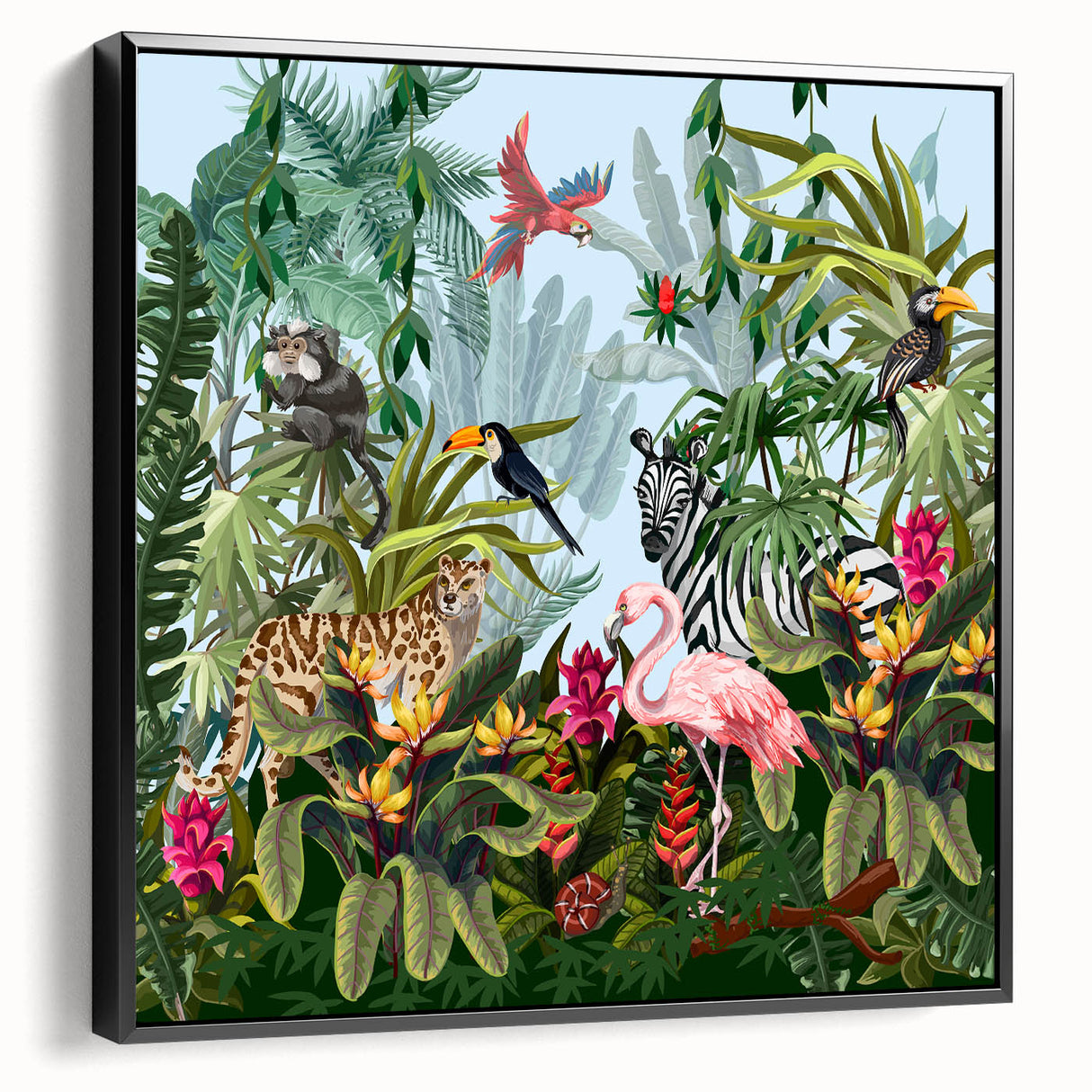 Framed canvas wall art showcasing a vibrant rainforest landscape design, featuring lush greenery and rich colors, with a sleek black frame enhancing its modern aesthetic. Ideal for nature lovers seeking to elevate their home decor.