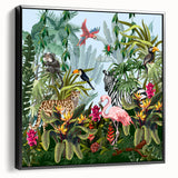 Framed canvas wall art showcasing a vibrant rainforest landscape design, featuring lush greenery and rich colors, with a sleek black frame enhancing its modern aesthetic. Ideal for nature lovers seeking to elevate their home decor.
