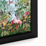 Close-up of a framed canvas wall art piece showcasing a vibrant rainforest landscape design, featuring lush green foliage and intricate details, ideal for nature-themed decor.