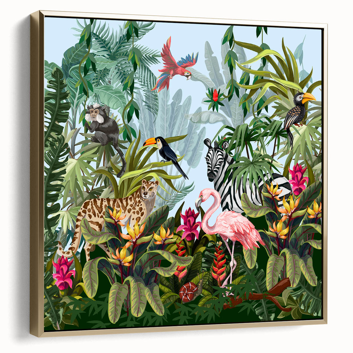Framed canvas wall art featuring a vibrant rainforest landscape design in silver and gold tones, designed to enhance modern home decor with its lush greenery and serene ambiance.