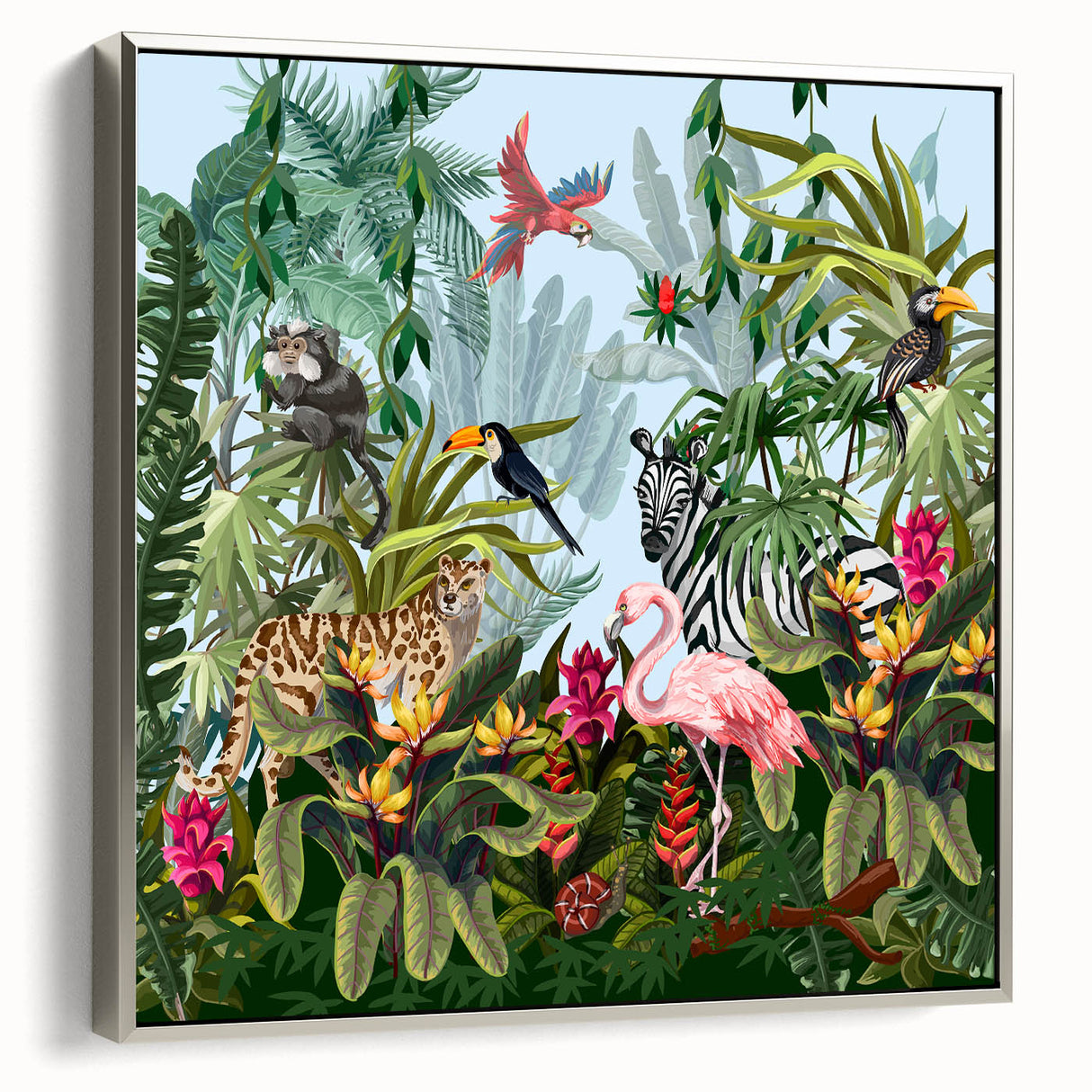 Framed canvas artwork showcasing a vibrant rainforest landscape design with lush greenery and intricate details, enhanced with a sleek silver frame, ideal for home decor.
