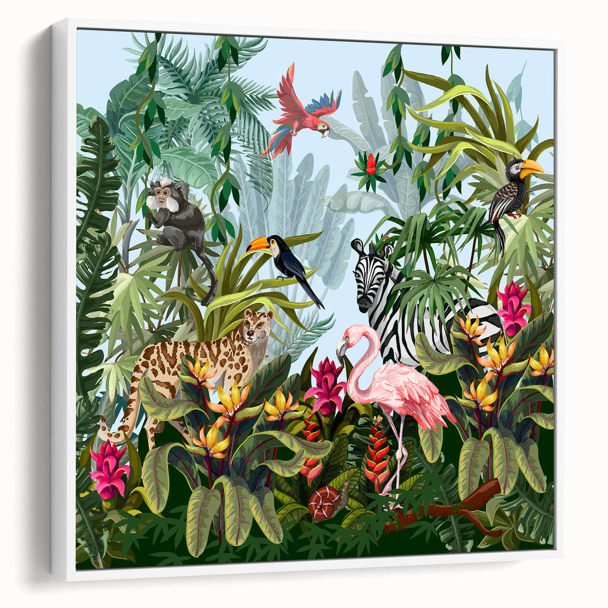 Framed canvas wall art showcasing a vibrant rainforest landscape design with lush greenery and vivid colors, displayed from a white side view for elegant presentation.