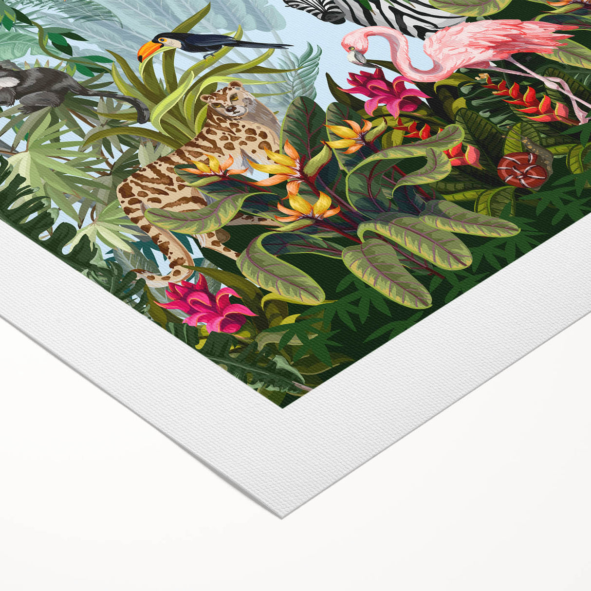 Vibrant rolled canvas artwork showcasing a lush rainforest landscape, featuring vivid green foliage and intricate details, ideal for nature-inspired home decor.