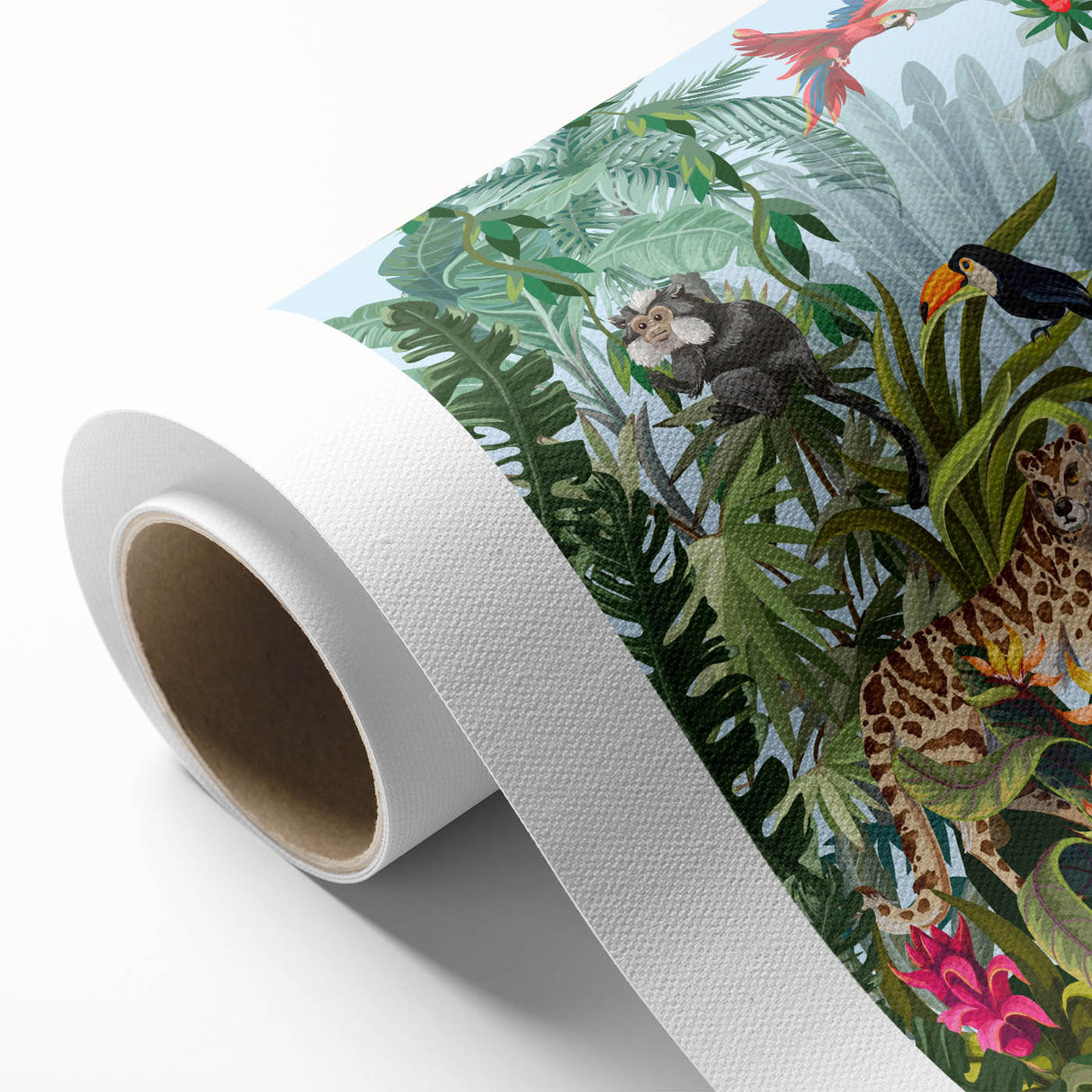 Vibrant rainforest landscape wall art on rolled canvas, showcasing lush greenery and tropical elements, perfect for adding a natural touch to home decor.