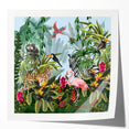 Vibrant rainforest landscape wall art print showcasing lush greenery and colorful flora, rolled and ready for framing, perfect for nature-inspired decor.