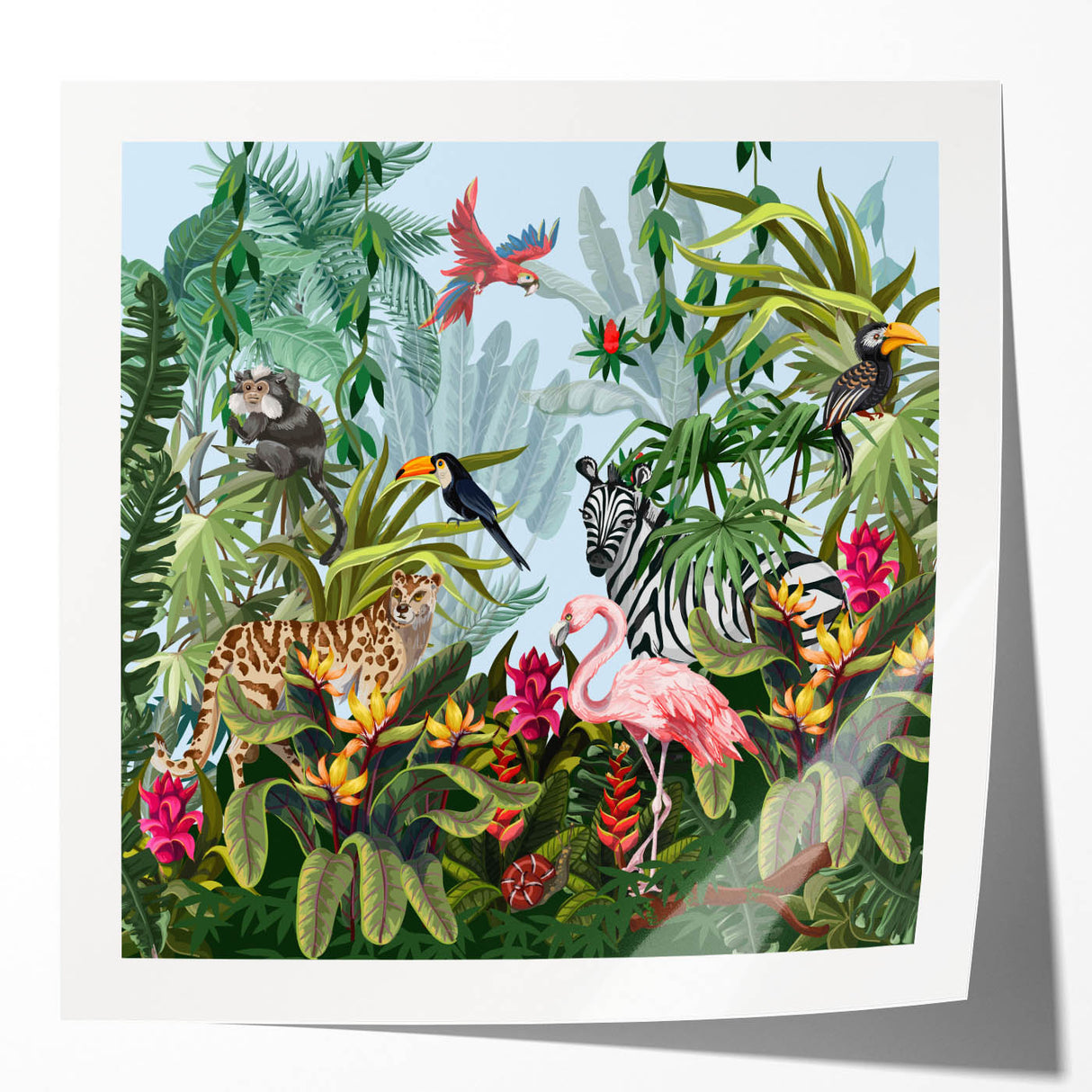 Vibrant rainforest landscape wall art print showcasing lush greenery and colorful flora, rolled and ready for framing, perfect for nature-inspired decor.