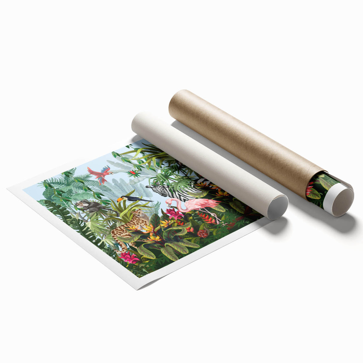 Vibrant rainforest landscape wall art print showcasing lush green foliage and tropical flora, rolled and ready for framing, ideal for home decor enthusiasts.
