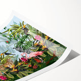 Vibrant rainforest landscape wall art print showcasing lush greenery and tropical foliage, rolled for easy framing and display, perfect for home decor.