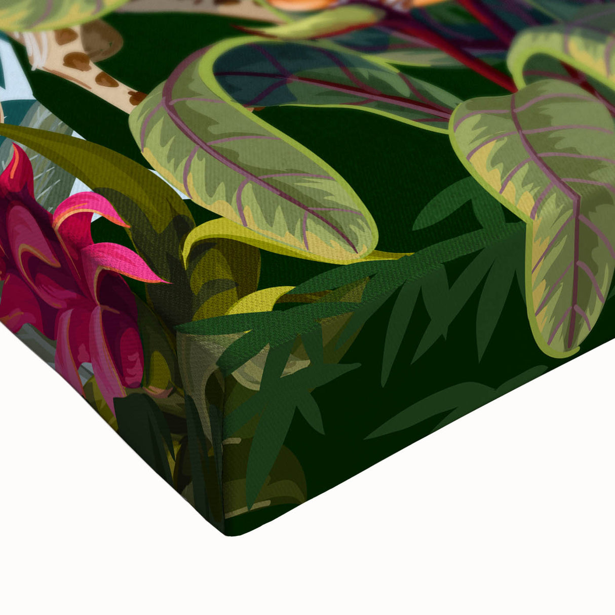 Close-up of a vibrant rainforest landscape wall art print on stretched canvas, showcasing lush greenery and tropical flora, perfect for home decor.