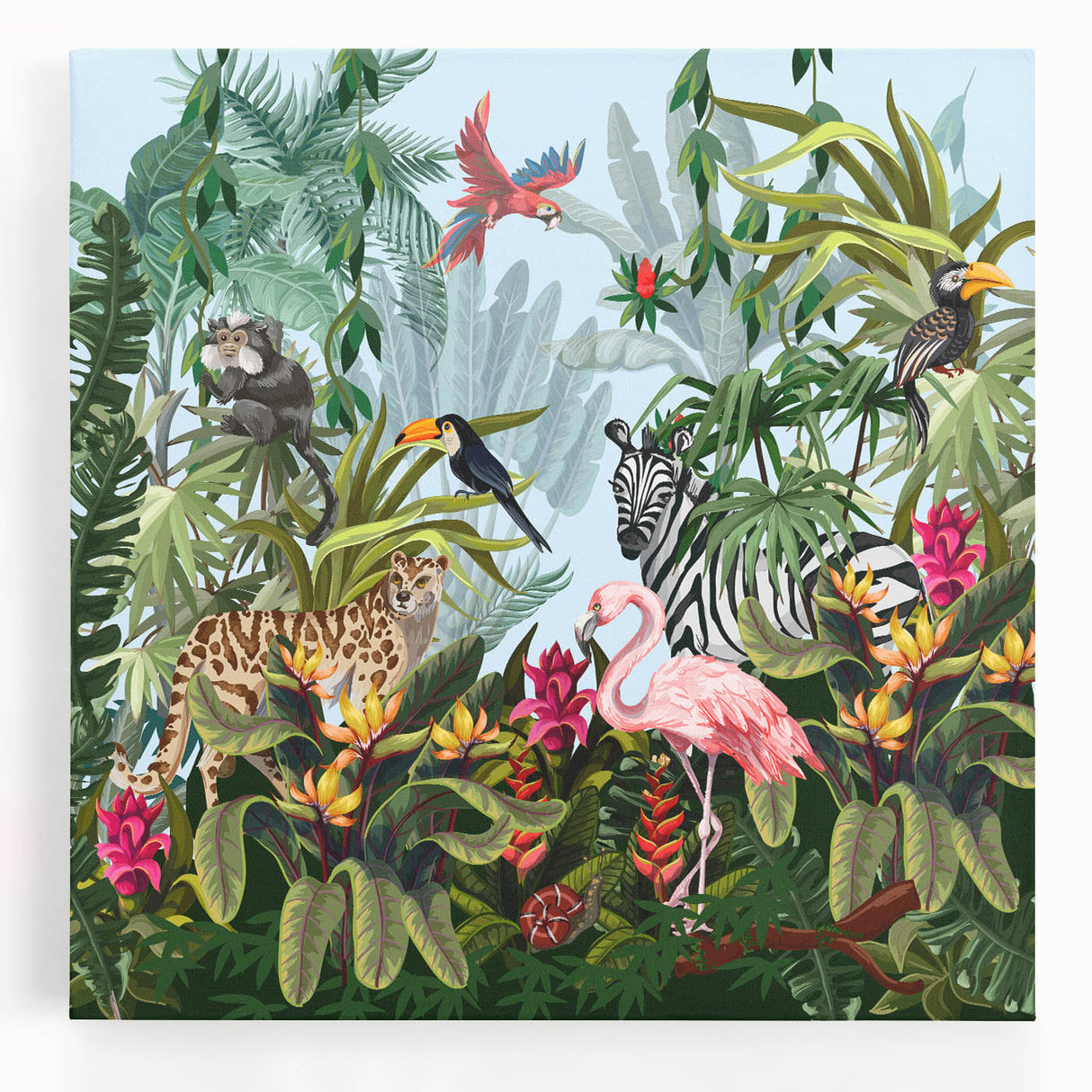 Stretched canvas wall art showcasing a vibrant rainforest landscape, featuring lush green foliage and tropical plants, perfect for nature-inspired decor.