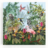 Stretched canvas wall art showcasing a vibrant rainforest landscape, featuring lush green foliage and tropical plants, perfect for nature-inspired decor.