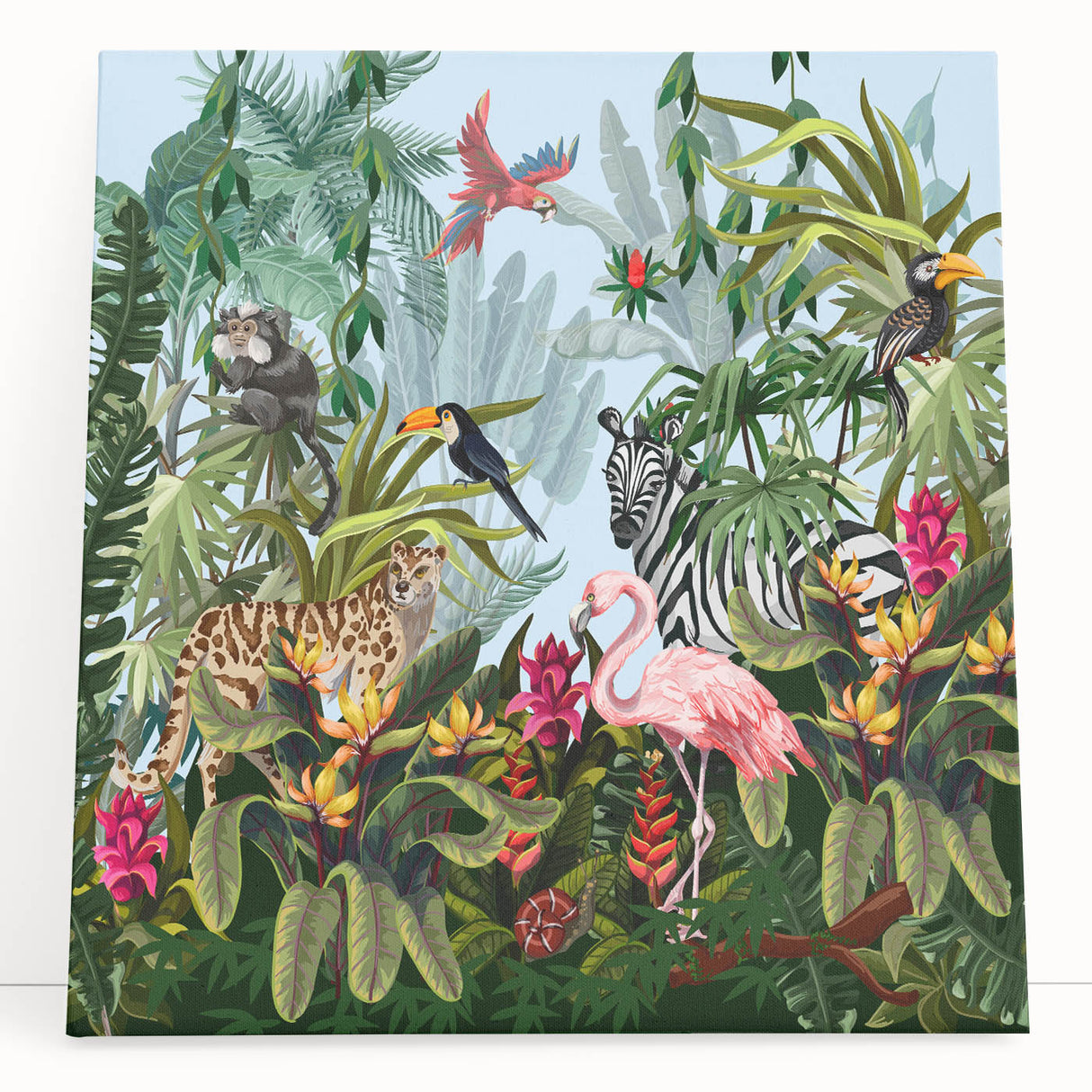 Stretched canvas wall art showcasing a vibrant rainforest landscape design, featuring lush greenery and vivid colors, ideal for home decor or nature enthusiasts.