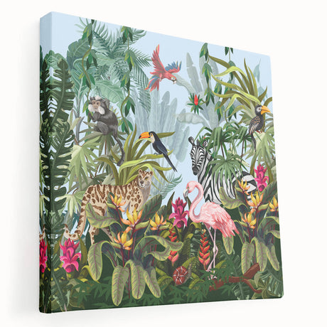 Stretched canvas wall art showcasing a vibrant rainforest landscape design, featuring lush greens and tropical flora, ideal for enhancing home decor aesthetics.