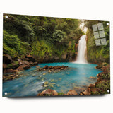 Acrylic wall art showcasing a vibrant rainforest landscape design, framed in glass with a side view displaying mounting pins, perfect for nature-themed decor.