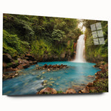 Acrylic wall art collection depicting vibrant rainforest landscapes, showcasing rich greens and earthy tones, displayed from a side view without pins, ideal for nature-themed decor.