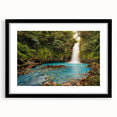 Framed wall art depicting a vibrant rainforest landscape, featuring lush greenery and tropical flora, mounted with a black mat for a modern aesthetic. Ideal for nature lovers and home decor enthusiasts.