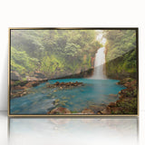 Framed acrylic wall art depicting a lush rainforest landscape, featuring vibrant greens and gold accents, ideal for enhancing modern home decor.