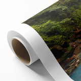 Vibrant rainforest landscape canvas art showcasing lush green foliage, serene water elements, and vivid colors, perfect for enhancing home decor.