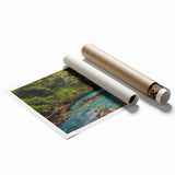 Vibrant rainforest wall art print showcasing lush green foliage and tropical plants, rolled and ready for display, perfect for nature-themed decor.
