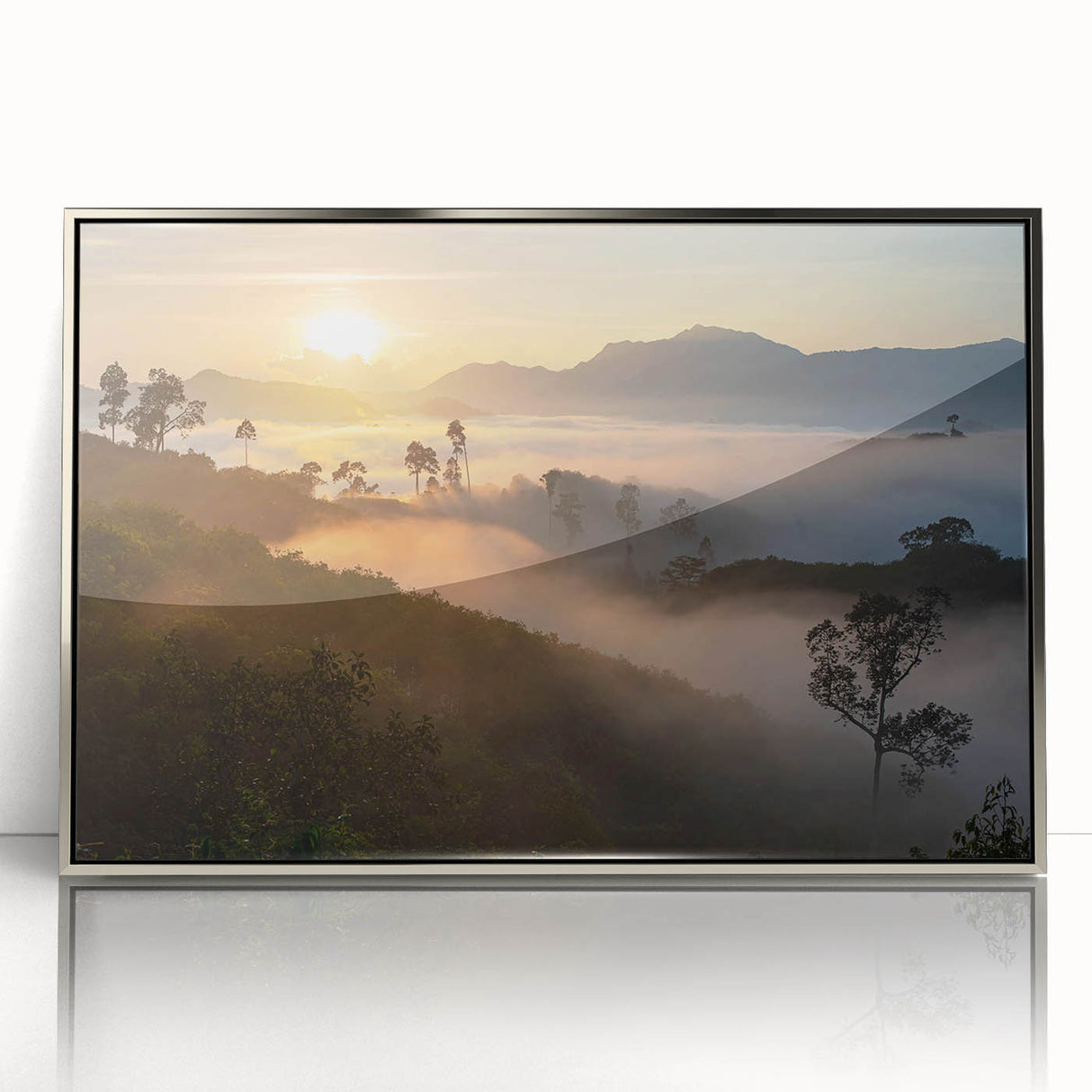 Framed acrylic wall art showcasing a vibrant rainforest landscape with rich greens and intricate details, designed to enhance modern home décor.