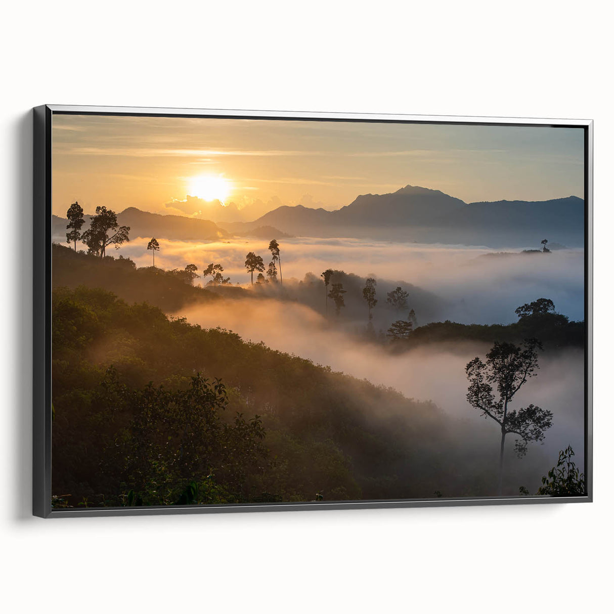 Framed canvas wall art showcasing a vibrant rainforest landscape design, featuring rich green foliage and intricate details, presented in a sleek black frame.