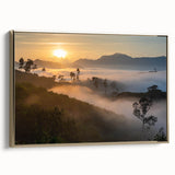 Framed canvas artwork showcasing a vibrant rainforest landscape with lush greenery and a golden frame, perfect for enhancing home decor and creating a serene ambiance.