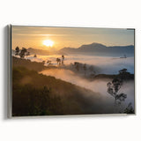 Framed canvas wall art showcasing a vibrant rainforest landscape design with rich greens and blues, accented by a sleek silver frame, ideal for home decor.