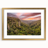 Framed rainforest landscape wall art collection with a gold mat and frame, showcasing vibrant greens and earthy tones, perfect for home decor and nature enthusiasts.