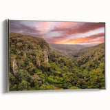 Framed canvas wall art featuring a vibrant rainforest landscape design, showcasing lush greenery and rich colors, elegantly displayed with a silver frame.