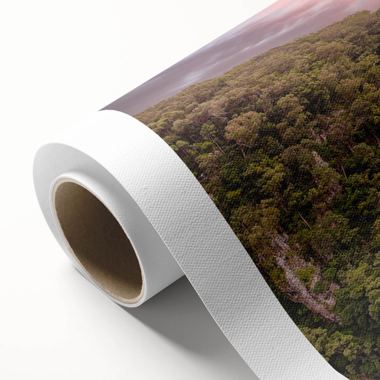 Vibrant rainforest landscape wall art design on rolled canvas, showcasing lush green foliage and tropical flora, ideal for home decor and nature enthusiasts.