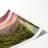 Vibrant rainforest landscape wall art print showcasing lush greenery and exotic flora, rolled and ready for display, perfect for nature-inspired decor.