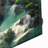 Close-up of a vibrant rainforest landscape wall art design featuring lush greenery and intricate details, printed on high-quality acrylic glass for a stunning visual impact. This captivating artwork adds a touch of nature to any space, perfect for home decor enthusiasts.