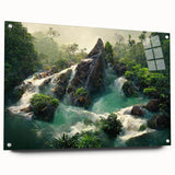 Acrylic wall art showcasing a vibrant rainforest landscape design, displayed in a side view with decorative pins, perfect for enhancing modern interior decor.