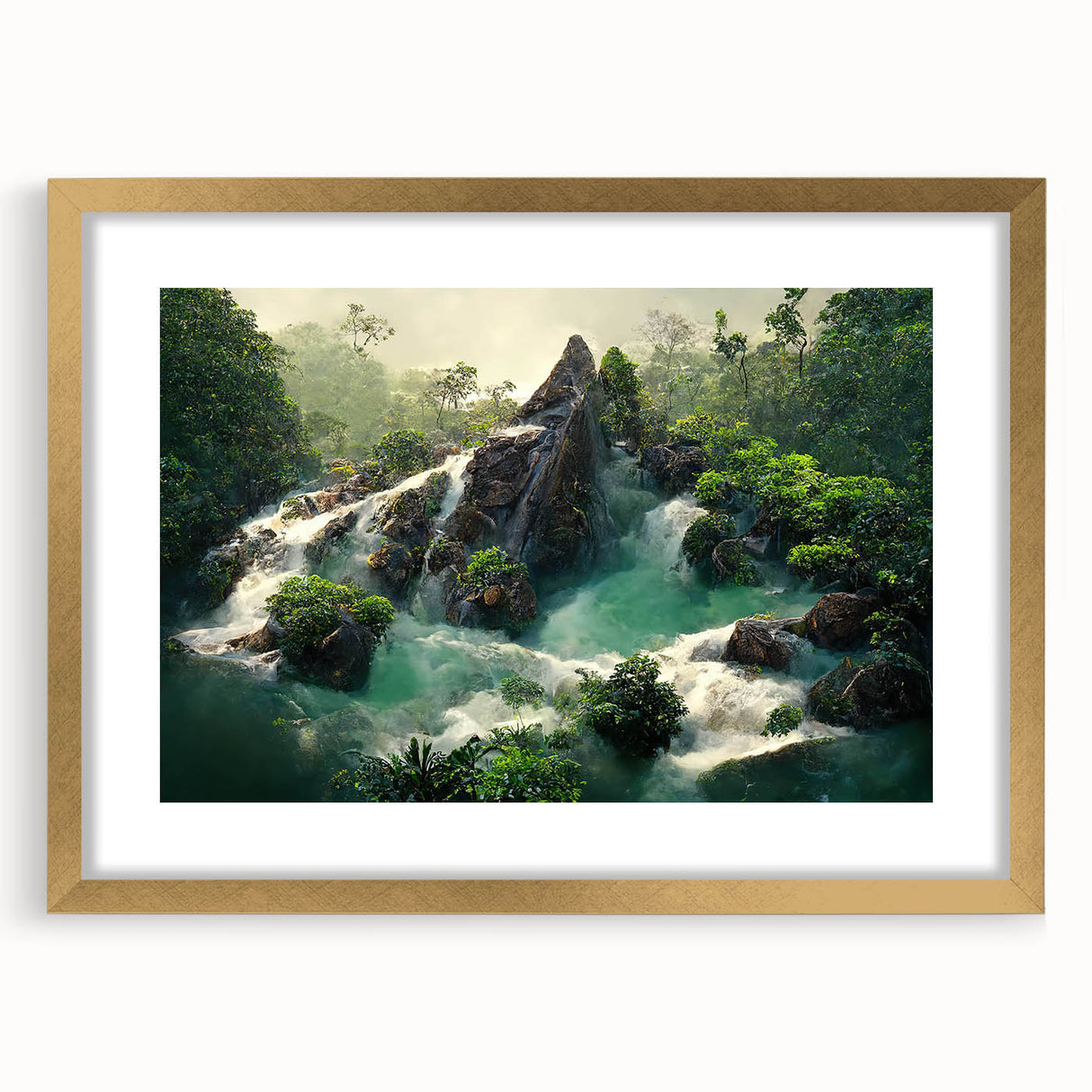 Framed rainforest landscape wall art collection featuring vibrant green foliage and gold accents, perfect for enhancing home decor with a natural touch.