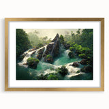 Framed rainforest landscape wall art collection featuring vibrant green foliage and gold accents, perfect for enhancing home decor with a natural touch.