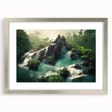 Framed rainforest landscape wall art in a silver frame with a mat, showcasing lush greenery and vibrant colors, ideal for nature-themed decor.