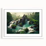 Framed wall art featuring a vibrant rainforest landscape design with lush green foliage and colorful flora, presented in a sleek white frame with matting.