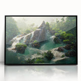 Framed wall art showcasing a vibrant rainforest landscape design with lush greenery and vivid colors, set in a sleek black frame, ideal for home decor.