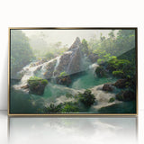 Framed acrylic wall art featuring a vibrant rainforest landscape design with gold accents, showcasing lush greenery and intricate details, perfect for nature lovers.